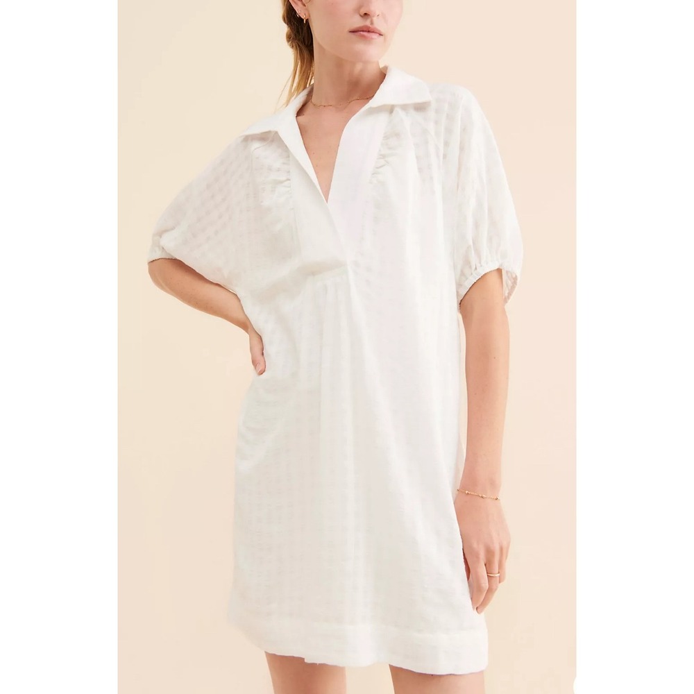 Anthropologie White V-Neck Tiered Sleeve Tunic Dress Textured Collared Medium